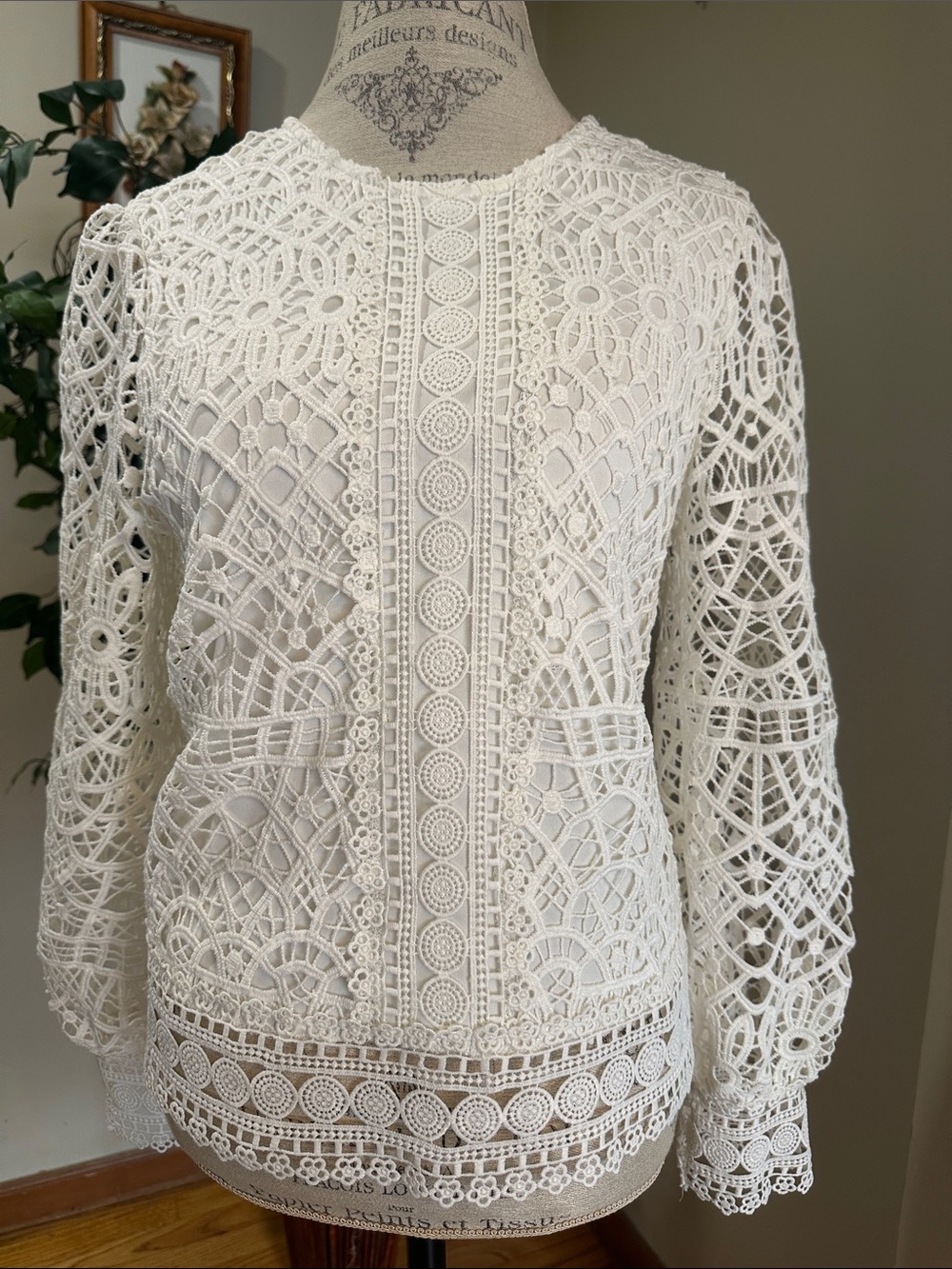 Lace Crochet Long-Sleeve Blouse in White